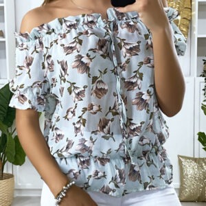 Blouse bleu col bateau motif fleuris