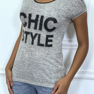 Tee-shirt taupe avec détails, en simili et écriture